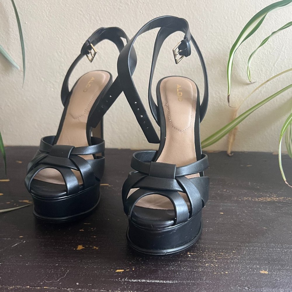 Aldo Black Ankle strap heeled sandal platform heels